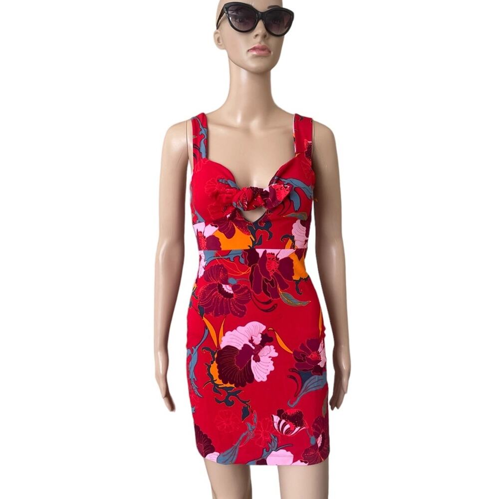 Free People Dress Womens XS Red Sweet Cherry Red Floral Print Bodycon Bow Front